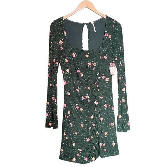 NWT Free People Celia Floral Square Neck Mini Dress Green Women’s Size Small New - Picture 2 of 15
